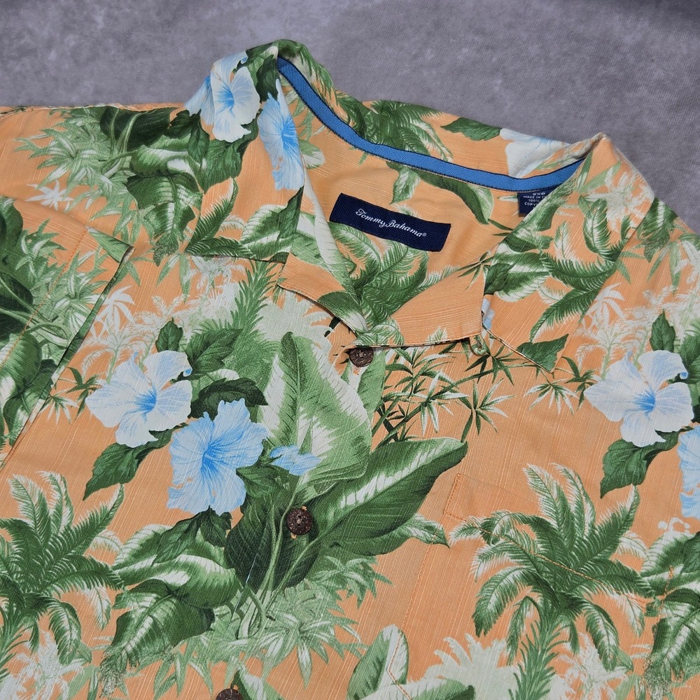 Tommy Bahama Mens 2XB Orange Silk Tropical Palm Hibiscus Floral Camp Shirt